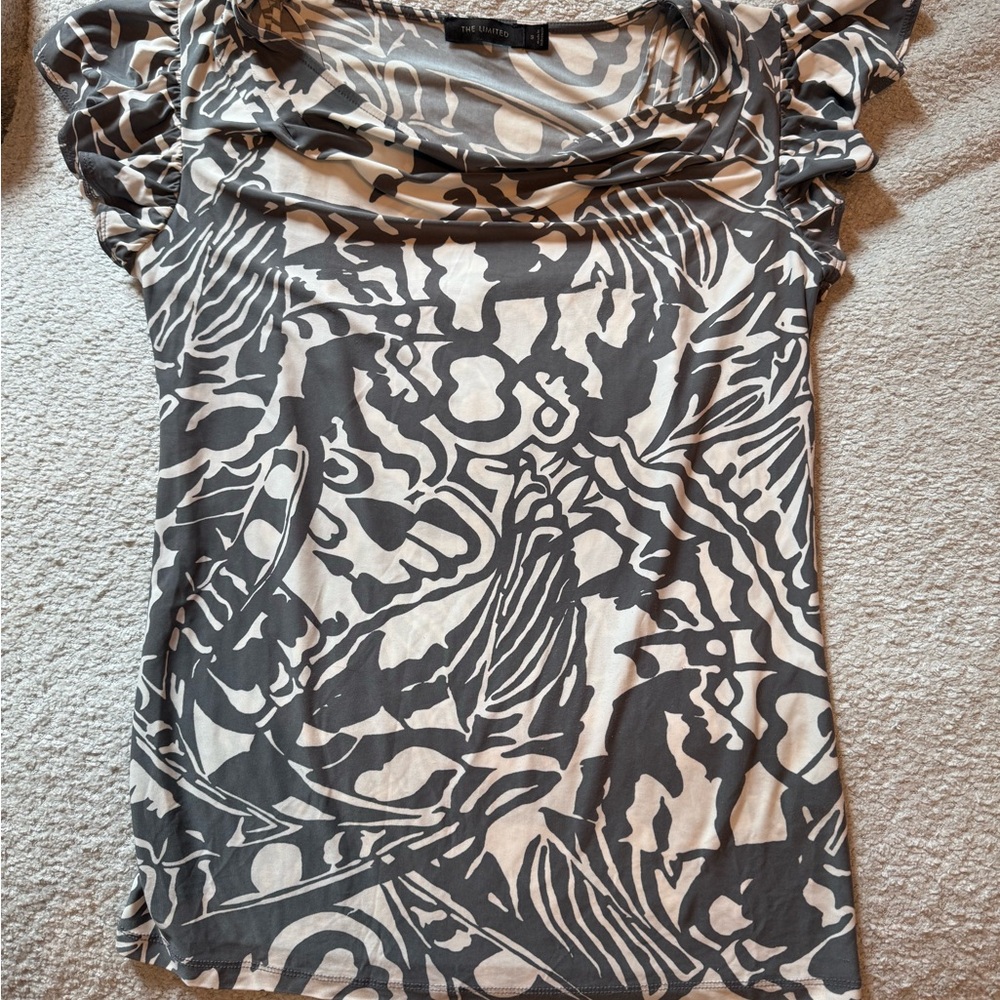 The Limited Grey and White Ruched Cap Sleeve Blouse